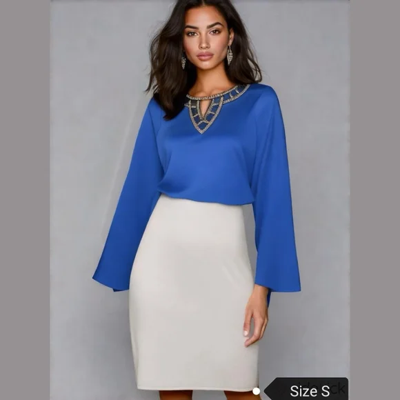 Vintage 80's Royal Blue and Crystals and beaded party blouse  top size S - Picture 2 of 6